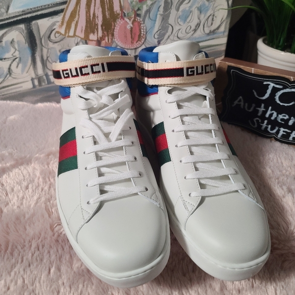 GUCCI Stripe Ace High Top miro soft leather Mens shoes white/multicolor size 10 - Picture 8 of 15